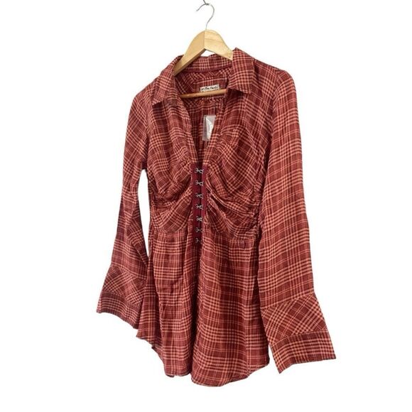 Free People Catalina Remade Plaid Y2K Bell Sleeve Shirt in Red Combo, Size Small - Picture 8 of 15